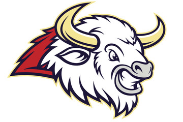 art depicts an angry white bull head with red hair and golden horns