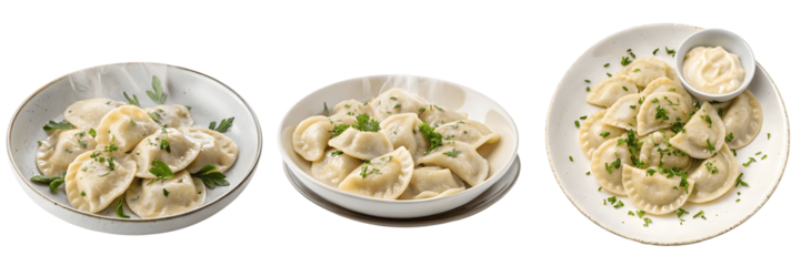Three plates of pierogi dumplings garnished with parsley isolated on transparent background