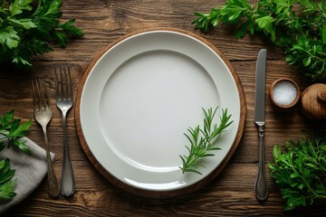 Rustic table setting with empty plate and silverware surrounded by fresh green herbs on a wooden surface