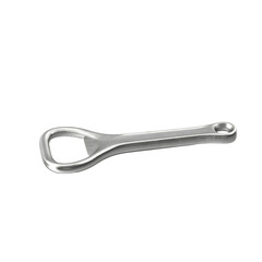 A metal bottle opener designed for easily removing caps from beverage bottles.
