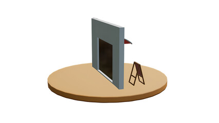 A minimalist depiction of a wall with a window and a ladder, suggesting construction or renovation.
