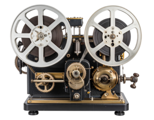 Front View of Vintage Film Projector with Twin Reels and Classic Crank Handle, Isolated on Transparent Background