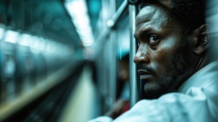 A man with a serious expression gazes intensely while riding in a subway car, representing the emotions and thoughts of urban life amid the bustling city.