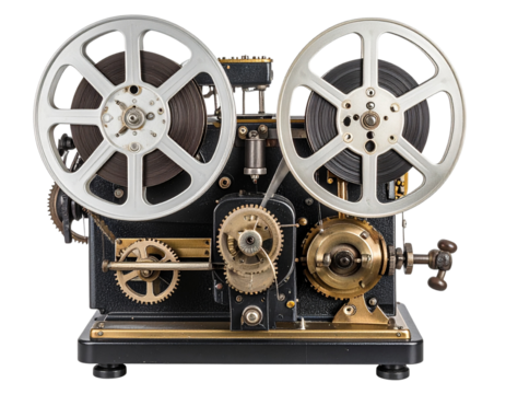 Front View of Vintage Film Projector with Twin Reels and Classic Crank Handle, Isolated on Transparent Background