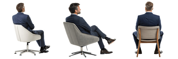 Three businessmen sitting in chairs isolated on transparent background