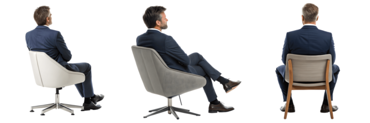 Three businessmen sitting in chairs isolated on transparent background