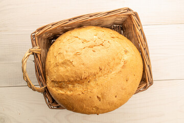 Loaf of white wheat bread, close-up, top view.