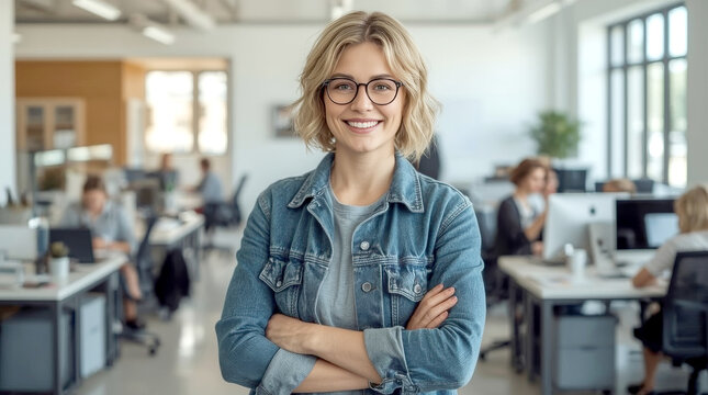 Happy female designer standing in office, Caucasian woman with short, wavy blonde hair and round glasses smiles confidently at the camera, standing with her arms crossed. - Powered by Adobe