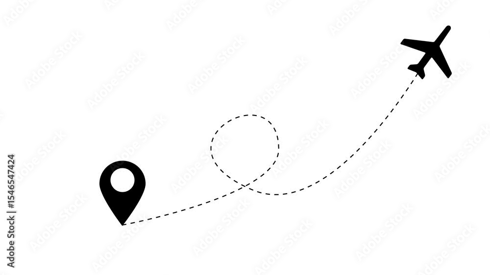 Poster animated airplane flight path to destination with pin location on black screen. airplane line path a
