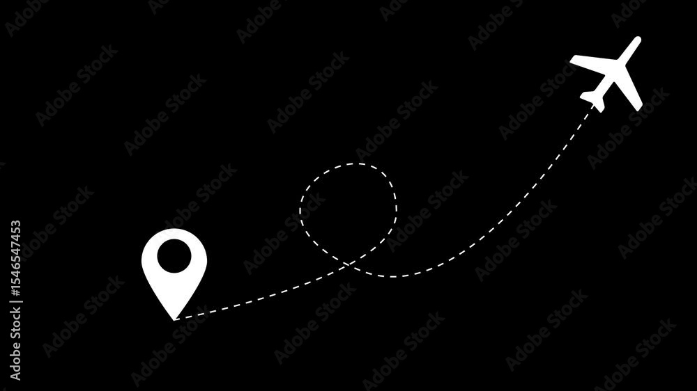 Poster animation of an airplane appearing and flying along its route towards a location icon. airplane line