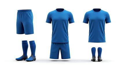 Create a realistic mockup of a design template, Blue. Football kits and equipment. Football shirt, Football shorts, Football socks, Football boots, Football shin guards, isolated on white background.