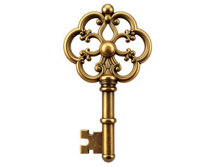 Front View of Ornate Vintage Skeleton Key with Polished Brass Finish, Isolated on Transparent Background