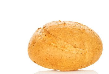 Loaf of white wheat bread, close-up, isolated on white background.