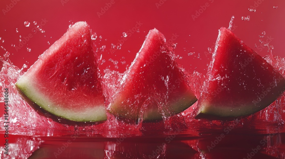 Poster three watermelon slices splashing into water against a red background.