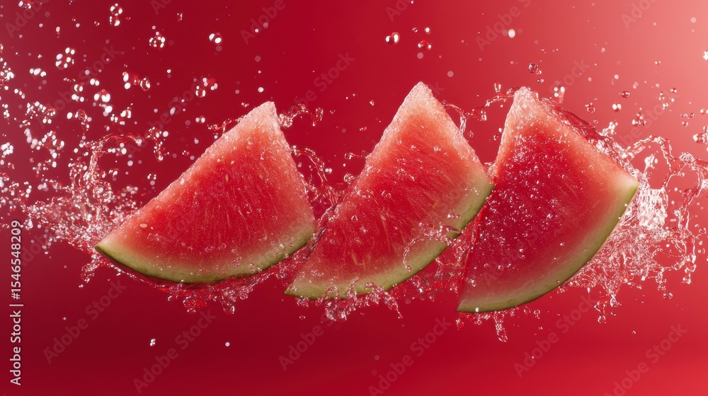 Poster three watermelon slices splashing in water.