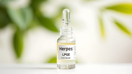 Small glass bottle with dropper containing clear liquid on white surface, representing herpes treatment concept. Natural and calming healthcare solution for medical and wellness themes.