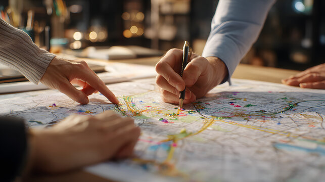 Urban planner analyzing city map and zoning areas with colored markers to strategize future developments.