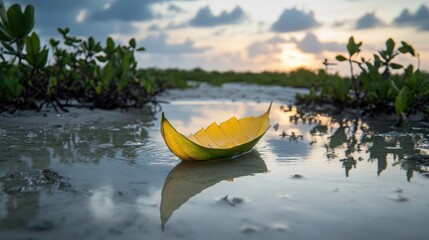Tranquil Sunset Reflection on a Yellow Leaf in Still Water