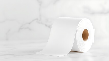 White toilet paper roll on marble surface, minimalist hygiene product with copy space, cleanliness and sanitation concept for home or public restroom.