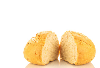 Loaf of white wheat bread, close-up, isolated on white background.
