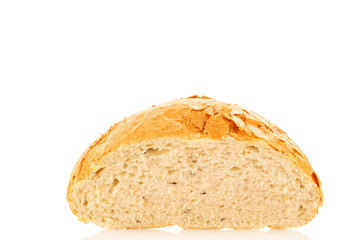 Loaf of white wheat bread, close-up, isolated on white background.