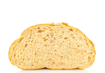 Loaf of white wheat bread, close-up, isolated on white background.