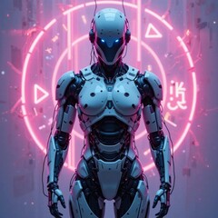 Fototapeta premium A futuristic female robot with glowing blue eyes standing in front of a neon circle background