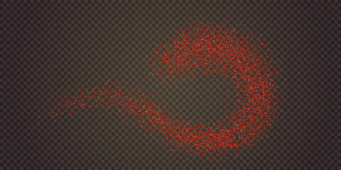 Grainy chilli powder swirl on black table or countertop top view. Grunge pepper texture. Trace of red paprika particles on surface. Vector illustration