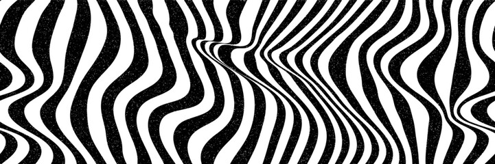 Continuous abstract bg with noise texture and black and white stripes. Zebra design. Optical illusion. Simple wavy vector illustration of psychedelic