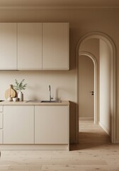Minimalist beige kitchen interior with an arched doorway