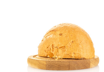 Loaf of white wheat bread, close-up, isolated on white background.