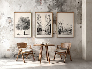 Modern Minimalist Interior Design: Stylish Black-and-White Décor with Wood Furniture and Artistic Wall Frames in a Contemporary Home or Cozy Café Space