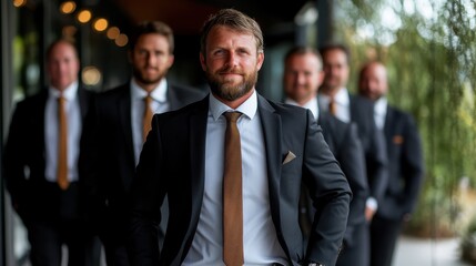 A confident man stands at the forefront of a group of suited men, exuding leadership and professionalism while showcasing camaraderie among colleagues in a business setting.