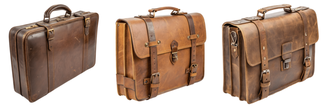 Three vintage brown leather briefcases isolated on transparent background