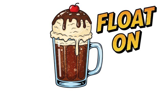 Cartoon root beer float with ice cream and cherry isolated on white background