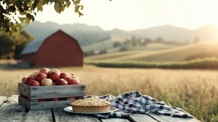 A basket of fresh, red apples and a delicious pie sit on a rustic table, with rolling hills in the background, creating a perfect rural scene of harvest and enjoyment.