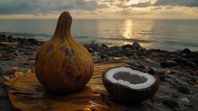 Tropical Fruits on Beach with Sunset Reflections and Calm Waves