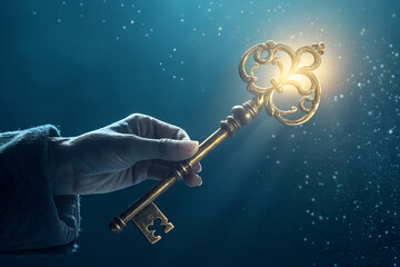 Golden key in a businessman's hand, symbolizing the success of a business concept unlocking new doors