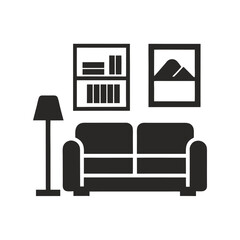Simple Black Silhouette of Living Room Furniture with Sofa Bookshelf and Floor Lamp on White Background