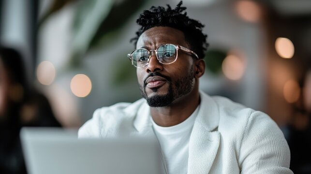 A contemplative man in a white blazer sits in a café, focused on his laptop, with a serene ambiance around him, reflecting a blend of work and casual lifestyle.