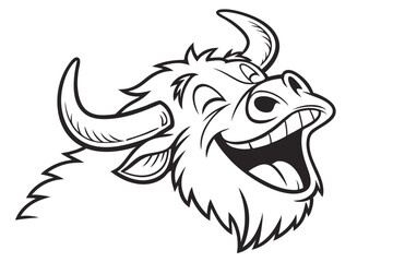 A whimsical laughing cartoon bull head displays expressive humor in monochrome simplicity