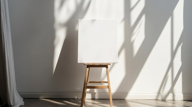 Blank white canvas on wooden easel against a sunlit wall.