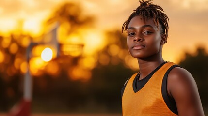 A confident young basketball player striking a pose at sunset, capturing the essence of sportsmanship, passion, and the beauty of athletic pursuits.