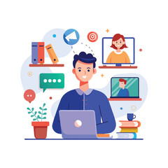 Man working from home with video calls and online communication illustration