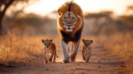 A majestic lion leads its two playful cubs through golden grasses at sunset, symbolizing strength, protection, and the beauty of nature in wildlife's untamed world.