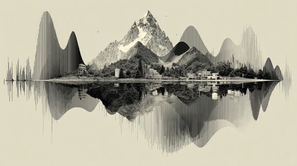 Artistic Representation of Mountains and Sound Waves in Black and White