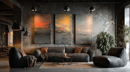 Modern Interior Design Living Room with Contemporary Furniture and Wall Art Featuring Neutral Colors and Urban Industrial Elegance