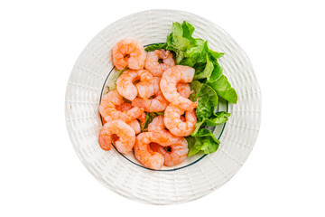 Shrimp salad prawns seafood fresh pescetarian diet gourmet food background on the table rustic food top view copy space keto and paleo diet vegetarian food