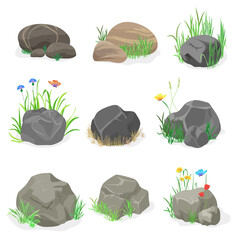 Rocks and stones with grass, flowers and butterfly collection set. Vector illustration