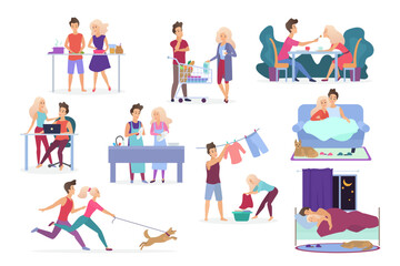 Set of vector loving couple activities. Cooking, shopping products, having dinner, working, relaxing, watching movie, romantic evening together, washing clothes, walking with pet dog, sleeping